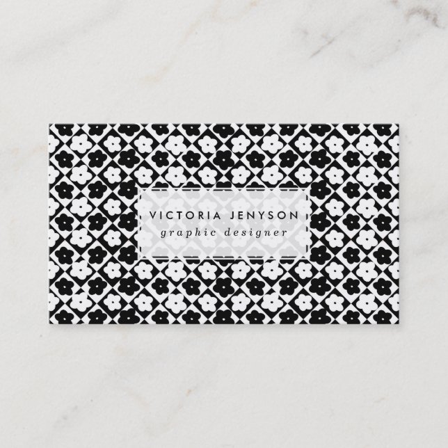 Cute Monochrome Flowers Diamond Geometric Pattern Business Card (Front)
