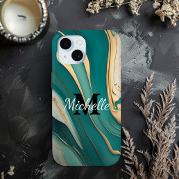 Cute Monogram Aqua Gold Fluid Art Marble Aesthetic iPhone 15 Case