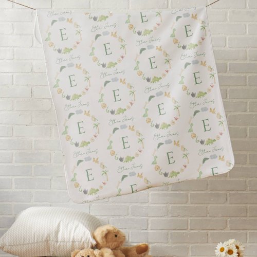 Cute Monogram Baby Boy Watercolor Dinosaur Nursery Baby Blanket