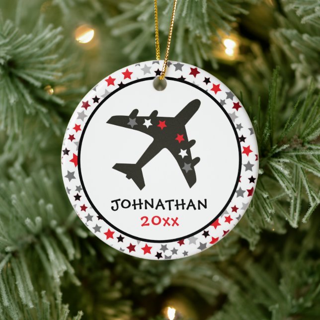 Cute Monogram Black Airplane Stars Christmas Ceramic Ornament (Tree)
