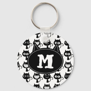 Cute Monogram Black Cat Expressions Pattern  Keychain