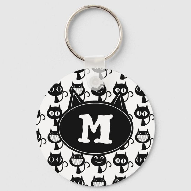 Cute Monogram Black Cat Expressions Pattern  Keychain (Front)
