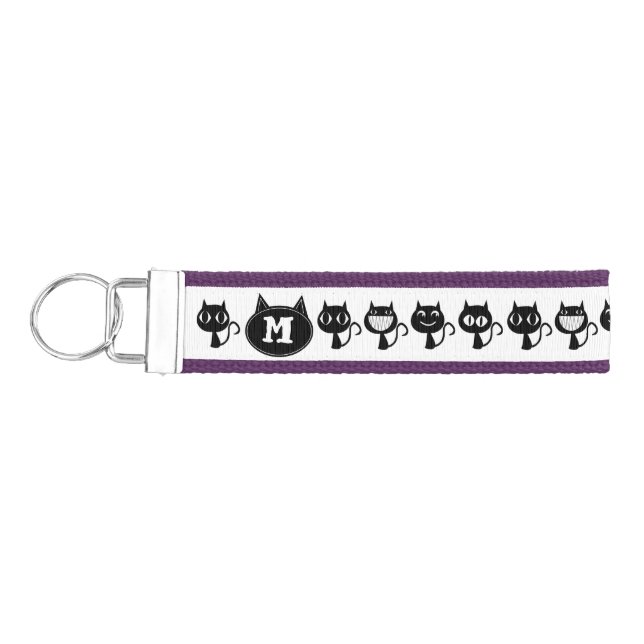 Cute Monogram Black Cat Expressions Pattern Wrist Keychain (Keys on Left)