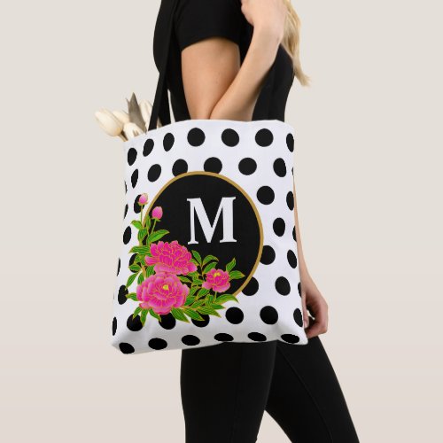 Cute Monogram Black Vintage Flowers Polka Dots Tote Bag