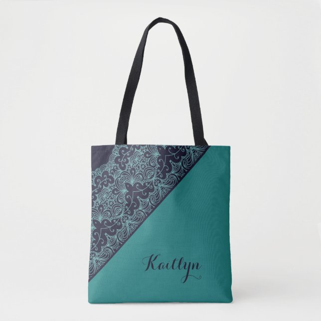 Cute Monogram Blue Add Your Name Stylish Tote Bag (Front)