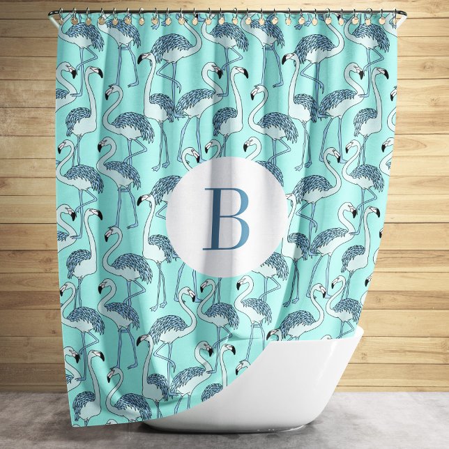 Cute Monogram Blue Flamingos Pattern Shower Curtain (Cute Monogram Blue Flamingos Pattern Shower Curtain)