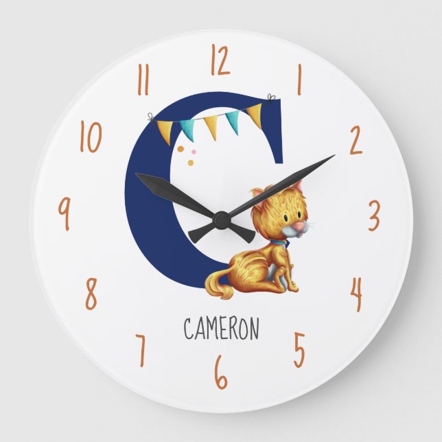 Cute Monogram Cat Nursery  Large Clock (Front)