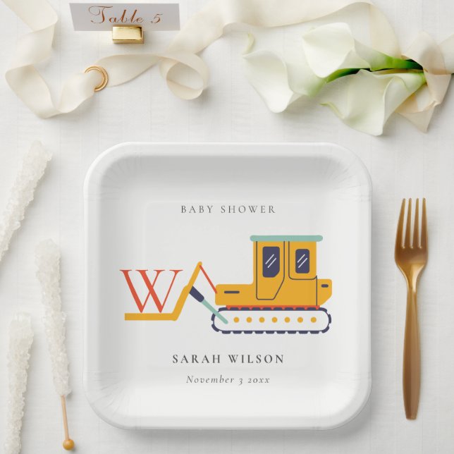 Cute Monogram Construction Fork Lift Baby Shower Paper Plates (Wedding)