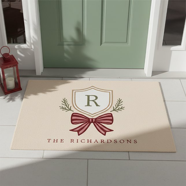 Cute Monogram Crest Holiday Bow Christmas Doormat (Creator Uploaded)
