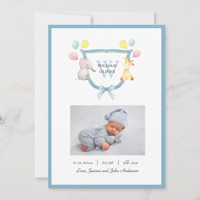 Cute Monogram Crest with Animals Boy Birth  Announcement (Front)