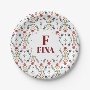 cute monogram custom Scandinavian folk art floral Paper Plates