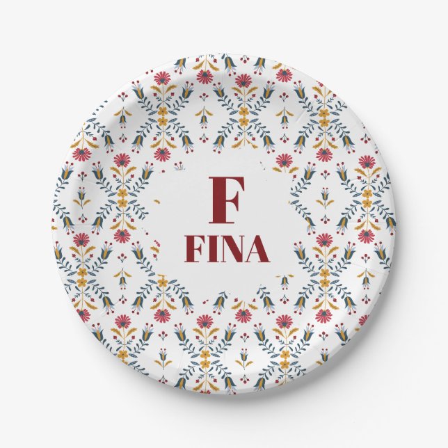 cute monogram custom Scandinavian folk art floral Paper Plates (Front)