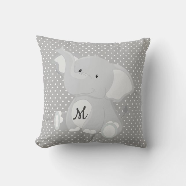 Cute Monogram Elephant Gray and White Polka Dot Throw Pillow (Front)
