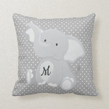 Cute Monogram Elephant Gray and White Polka Dot Throw Pillow