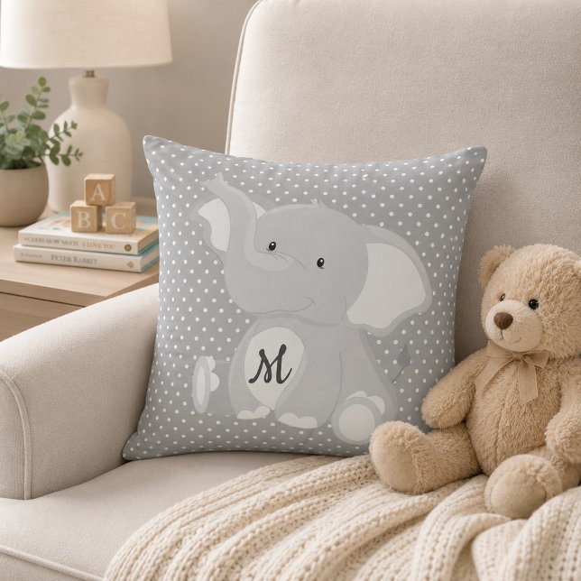 Cute Monogram Elephant Gray and White Polka Dot Throw Pillow (Creator Uploaded)
