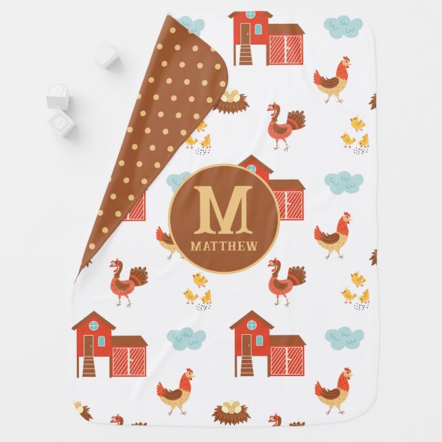 Cute Monogram Farm Chicken Pattern Baby Blanket (In Situ)