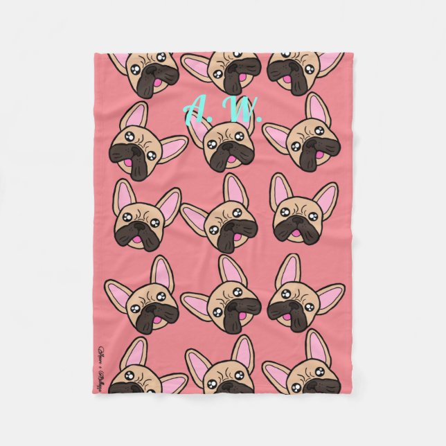 Cute Monogram French Bulldog Kawaii Dog Pattern Fleece Blanket (Front)