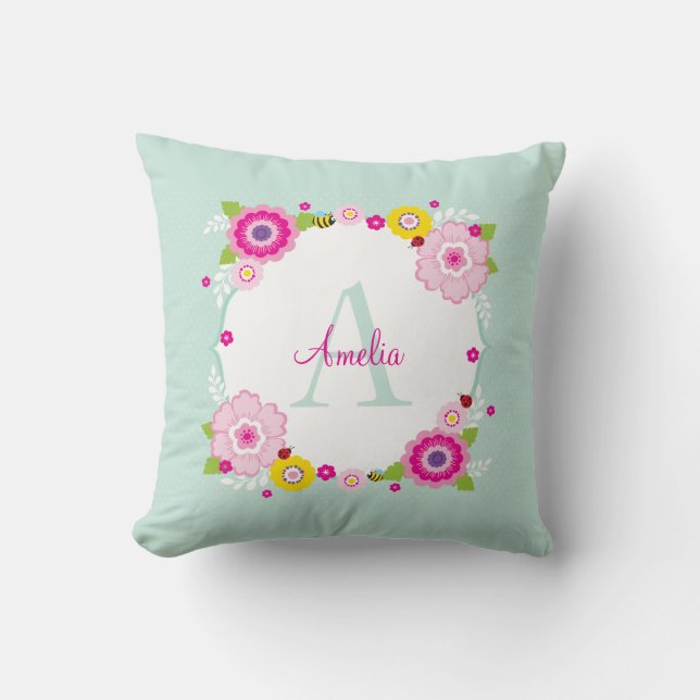 CUTE MONOGRAM garden flowers floral pink mint Throw Pillow (Front)