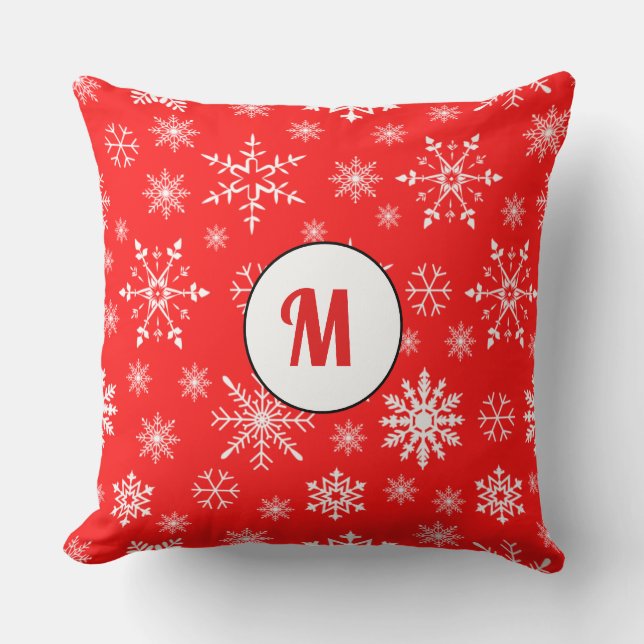 Cute monogram gift red pattern snowflakes unique throw pillow (Front)