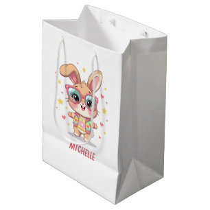Cute monogram girly bunny wearing glasses medium gift bag