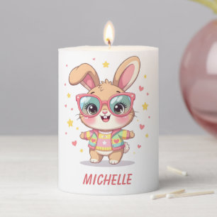 Cute monogram girly bunny wearing glasses pillar candle