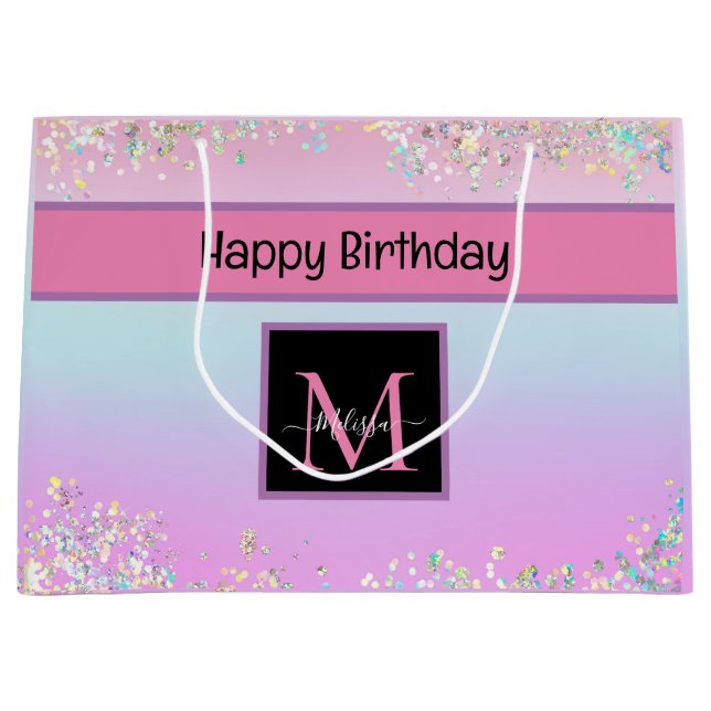 Cute Monogram Holographic Pastel Glitter  Birthday Large Gift Bag (Front)