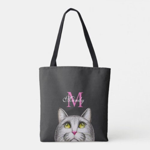 Cute Monogram Hot Pink Black Illustrated Cat Face Tote Bag