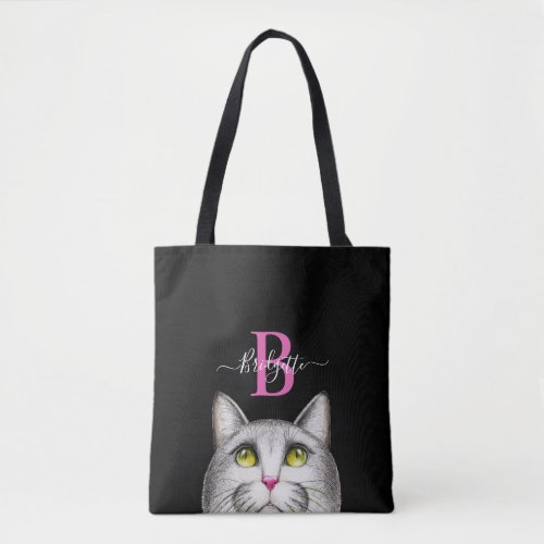 Cute Monogram Hot Pink Gray Cat Face Black Tote Bag