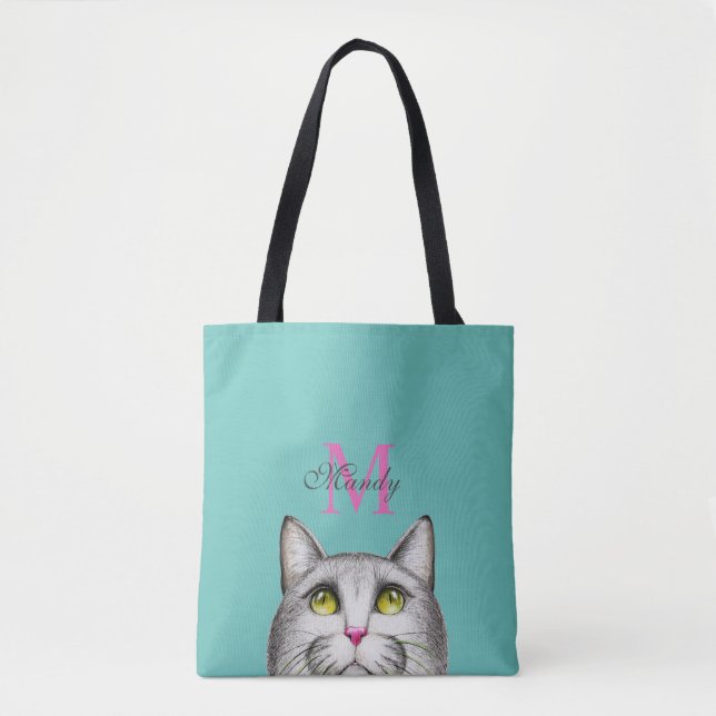 Cute Monogram Hot Pink Gray Illustrated Cat Face Tote Bag (Front)