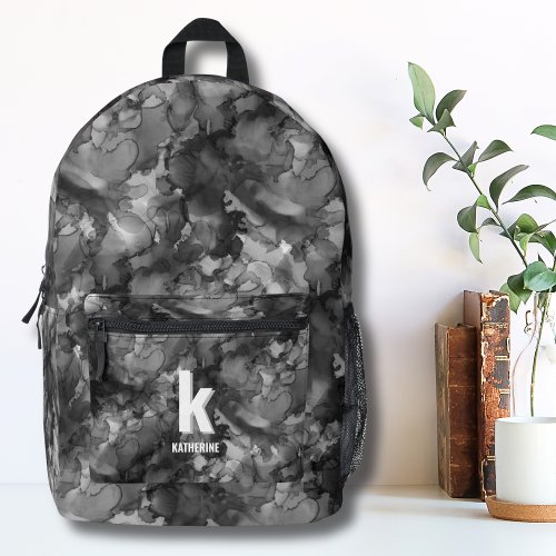 Cute Monogram Initial Watercolor Black White Girls Printed Backpack