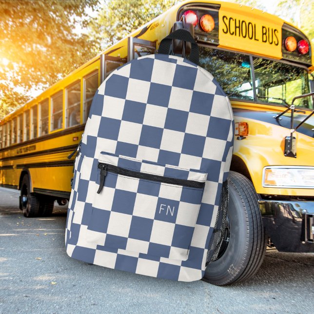 Cute Monogram Initials & Blue Checkerboard Printed Backpack (Creator Uploaded)