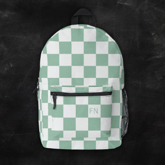 Cute Monogram Initials & Green Checkerboard Printed Backpack