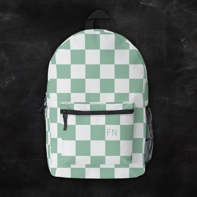 Cute Monogram Initials & Green Checkerboard Printed Backpack (Creator Uploaded)