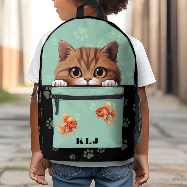 Cute Monogram Initials Kids Cat Printed Backpack (Cute Cat with Goldfish Monogram Initials Printed Backpack)
