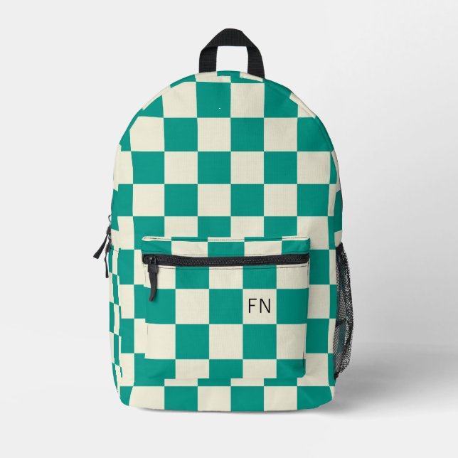 Cute Monogram Initials & Teal Checkerboard Printed Backpack (Front)