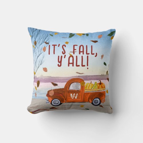 Cute Monogram Its Fall Yall Orange Truck Pumpkin Throw Pillow