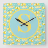 Cute Monogram Lemons on Light Blue Numbered Square Wall Clock