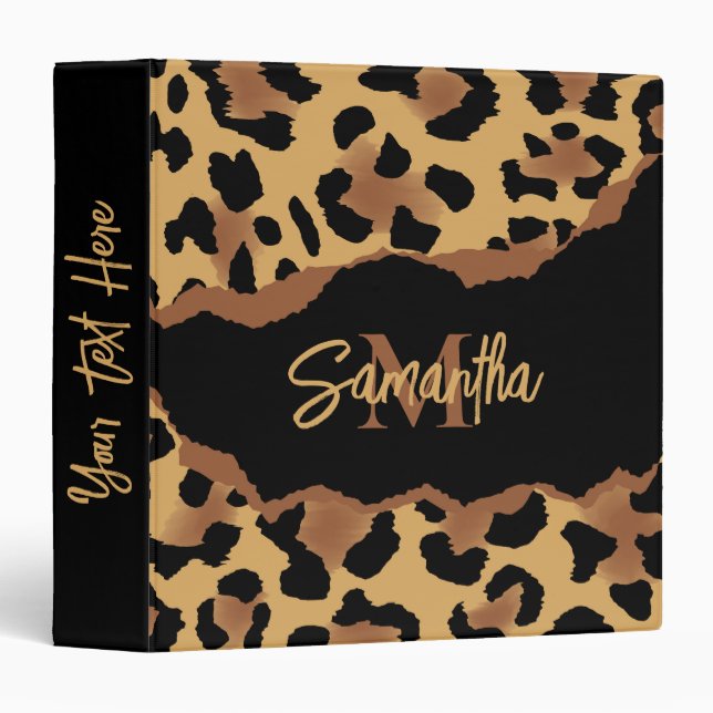 Cute Monogram Leopard Print 3 Ring Binder (Front/Spine)
