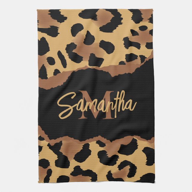 Cute Monogram Leopard Print Kitchen Towel (Vertical)