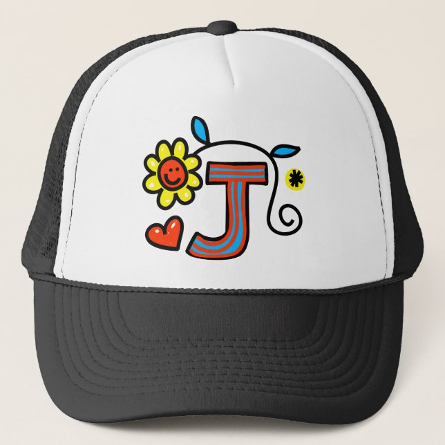 Cute Monogram Letter J Greeting Text Expression Trucker Hat (Front)
