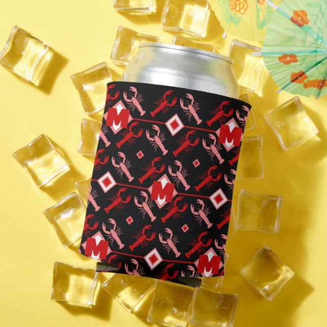 Cute Monogram & Lobster Season Nautical on Black Can Cooler (In Situ Summer)