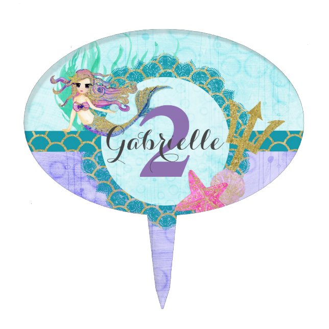 Cute Monogram Mermaid Teal & Purple Birthday Cake Topper (Front)