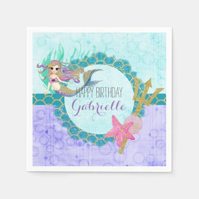 Cute Monogram Mermaid Teal & Purple Happy Birthday Paper Napkins (Front)