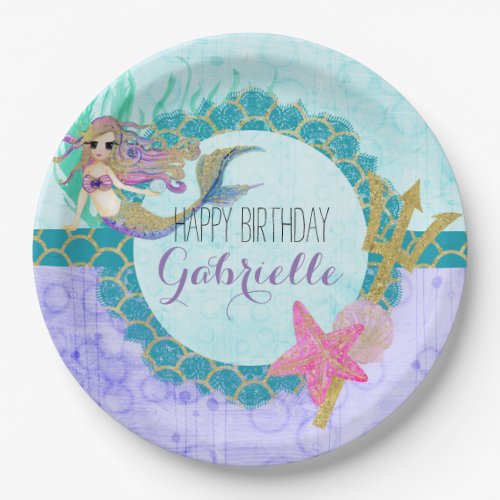 Cute Monogram Mermaid Teal  Purple Happy Birthday Paper Plates