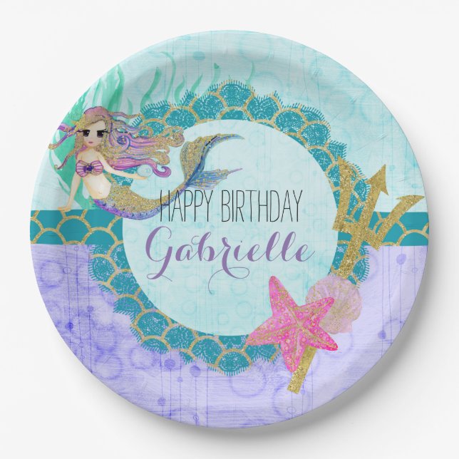 Cute Monogram Mermaid Teal & Purple Happy Birthday Paper Plates (Front)