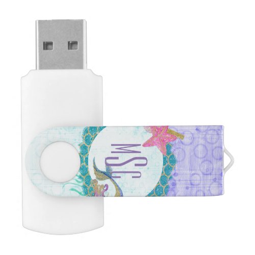 Cute Monogram Mermaid Teal  Purple Watercolor Flash Drive