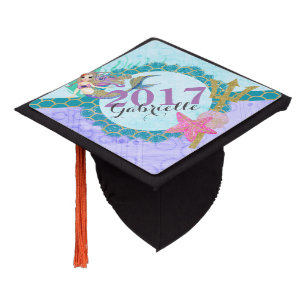 Cute Monogram Mermaid Teal & Purple Watercolor Graduation Cap Topper