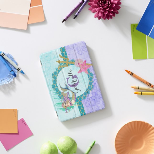 Cute Monogram Mermaid Teal & Purple Watercolor iPad Mini Cover (In Situ)