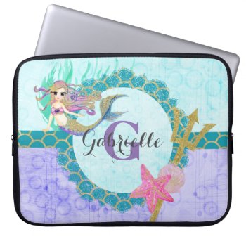 Cute Monogram Mermaid Teal & Purple Watercolor Laptop Sleeve by ClipartBrat at Zazzle
