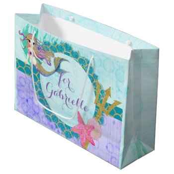 Cute Monogram Mermaid Teal & Purple Watercolor Large Gift Bag by ClipartBrat at Zazzle